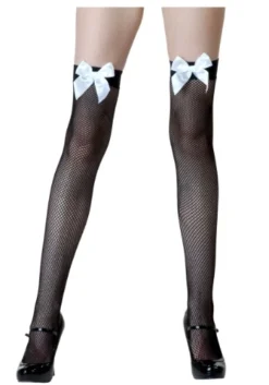 LEG AVENUE Black Fishnet / White Bow Thigh High Stockings
