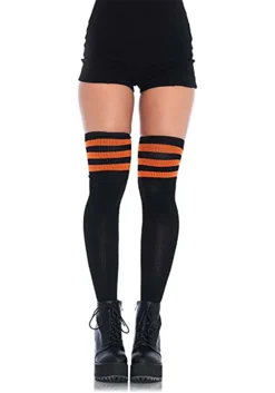LEG AVENUE Women's Thigh High Black Athletic Socks W/ Orange Stripes