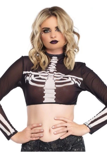 LEG AVENUE Black Skeleton High Neck Women's Crop Top Costume 1 LEG AVENUE Black Skeleton High Neck Women's Crop Top Costume