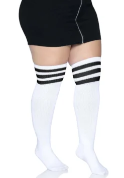 LEG AVENUE White Athletic Women's Plus Socks With Black Stripes -Smiffys Sales womens plus white athletic socks with black stripe alt 2